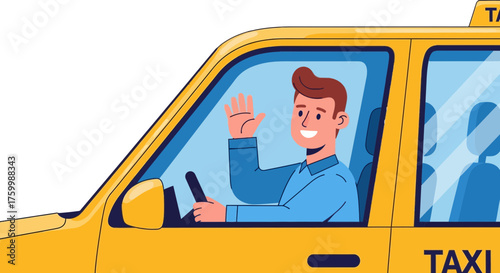 Cheerful Taxi Driver Welcoming With a Hand Wave and a Sunny Smile, Driving a Taxi