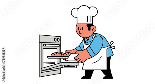 Chef Baking Fresh Bread In Modern Kitchen With Oven And Baked Loaves Illustration
