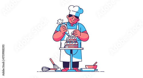 Chef Decorating A Cake With Icing: Sweet Bakery Illustration On Black Background