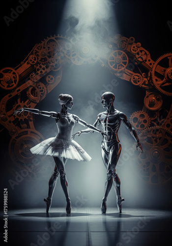 A robotic ballerina dances against the backdrop of old mechanisms, a new age of robotic humanoids.
