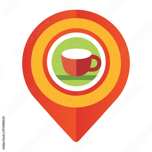 Coffee Shop Location Map Vector Icon with Coffee Cup and Pin on White Background – Colorful Flat Icon for Coffee Shops, Restaurants, Food Apps, Websites, and UI Design