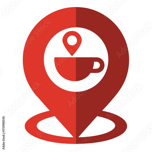 Coffee Shop Location Map Vector Icon with Coffee Cup and Pin on White Background – Colorful Flat Icon for Coffee Shops, Restaurants, Food Apps, Websites, and UI Design
