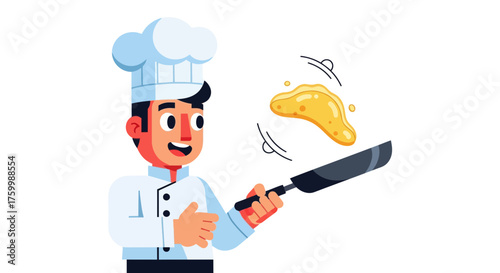Chef Prepares A Delicious Pancake, Flipping It In A Pan With Joyful Expression