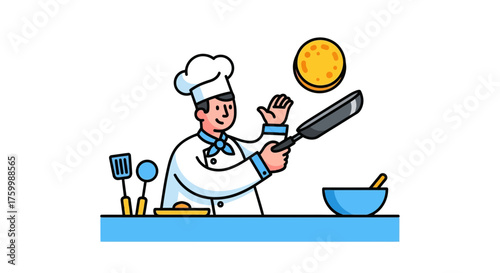 Chef Prepares Delicious Pancakes Illustration On A Black Background For Your Project