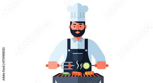 Chef Prepares Dinner on a Grill with Vegetables and Meat for Grilling