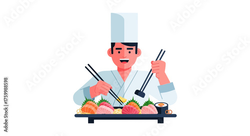 Chef Prepares Fresh Sushi Delights on a Dark Background with Chopsticks and Elegance