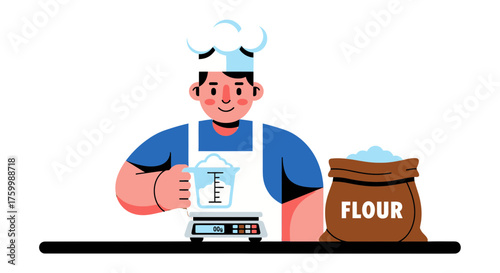 Chef Preparing Ingredients For Baking Process With Measuring Tools And Flour Bag