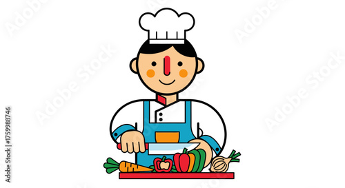 Chef Preparing Vegetables Creates Healthy Dishes in Black Background Illustration