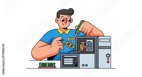 Computer Repair Tech Fixing PC Hardware Components With Screwdriver for Maintenance or Upgrade