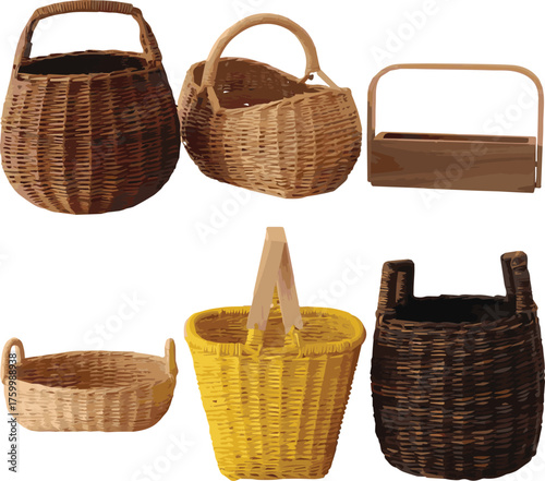 Collection of six woven baskets in various shapes sizes and natural earthy tones wicker container