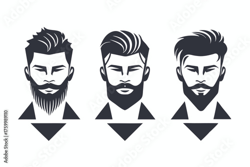 Minimalist design reveals three distinct bearded men with varied hair styles and sharp features