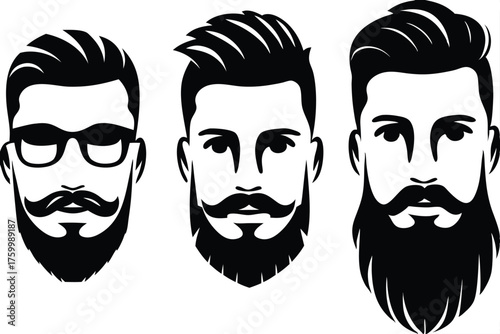 Three black and white face icons featuring stylish beards, mustaches, and unique haircuts