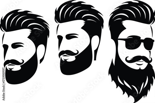 Three black outlined beards showcase unique mustache styles and hairstyles in striking monochrome format