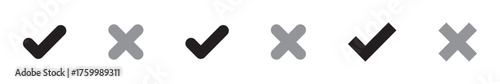 Check mark icon button set. Check box icon with right and wrong buttons and yes or no checkmark icons in green tick box and red cross. Isolated checkmark symbol, right and wrong sign concept. Icon.