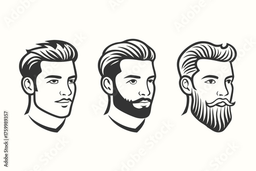 Three illustrated men showcase progression from clean shaven to full beard, all facing forward