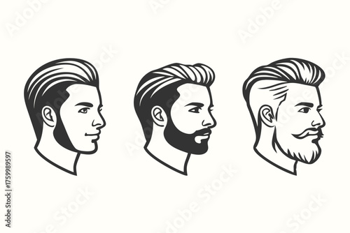 Three diverse stylized men showcase unique hair and beard styles in detailed monochrome