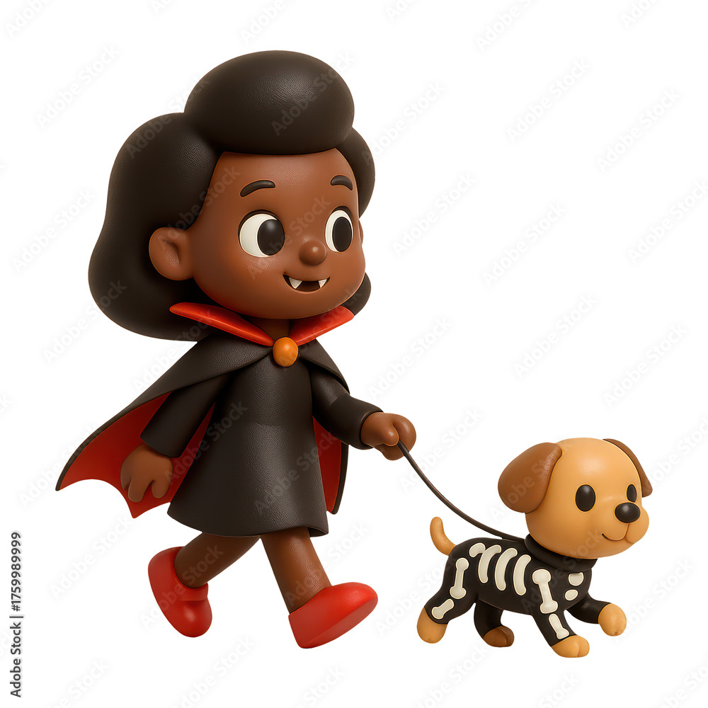Fototapeta premium PNG Vampire child walking skeleton dog.