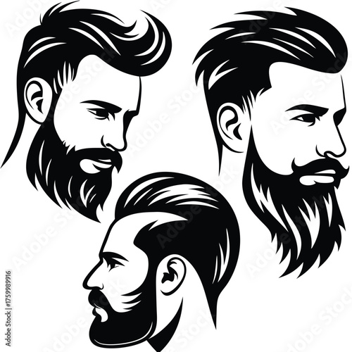Three distinct stylish men with full beards are featured in monochrome vector