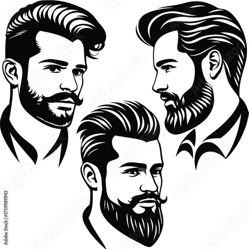 Three stylized men with beards and moustaches are depicted in black and white tones