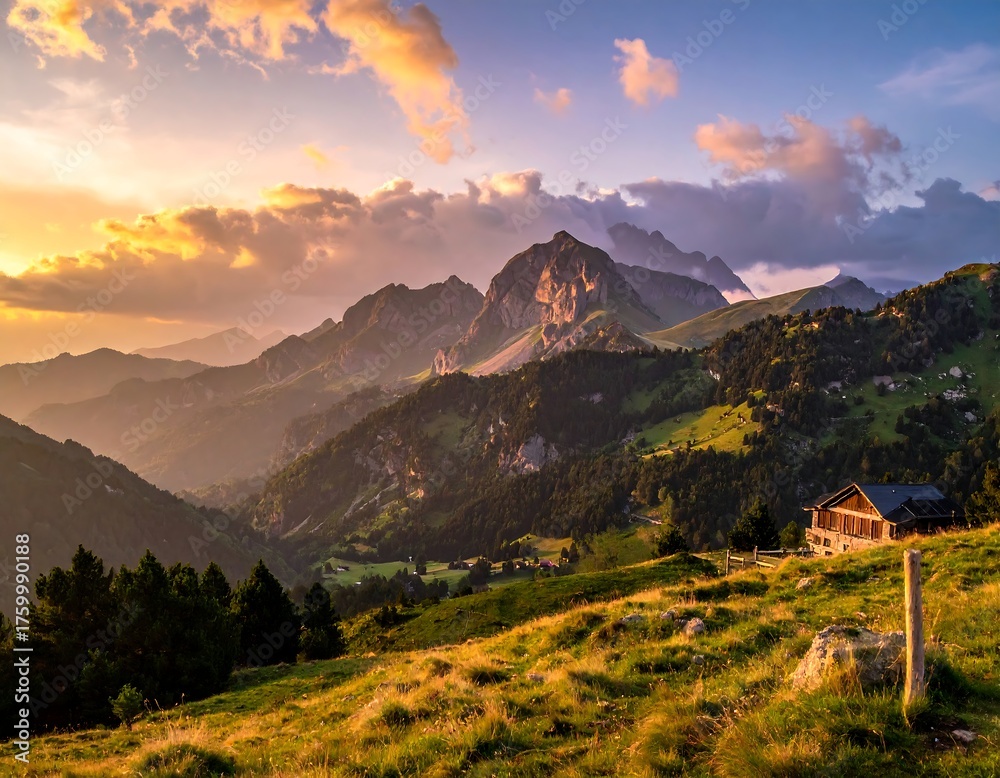 Fototapeta premium Scenic sunset over mountain range with a small building on a hillside