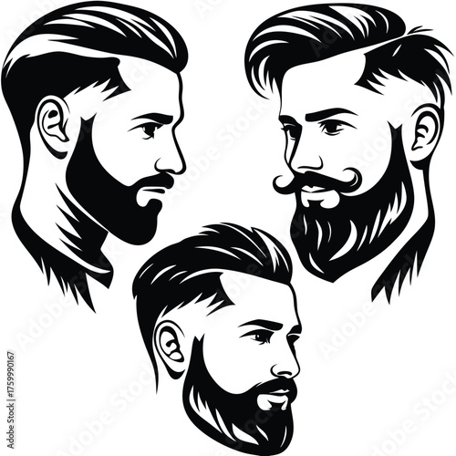 Three stylish men with well groomed beards and elegant haircuts are displayed artfully