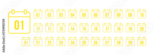Yellow Calendar Icons Showing Numbers 01 to 31 date On Transparent Background