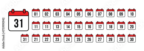 Tear off calendar pages showing numbers from 1 to 31 isolated on transparent background