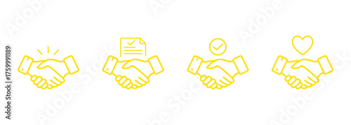 Four stylized yellow neon outline handshake icons representing agreement success and partnership isolated on transparent background
