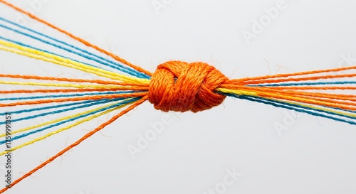 Tied threads representing connection teamwork and relationships on white background