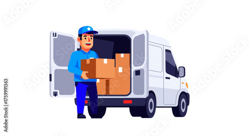 Courier Delivering Packages From a White Van Against Black Background
