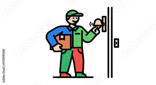 Courier Delivering Parcel and Ringing Doorbell with Colourful Vector Illustration