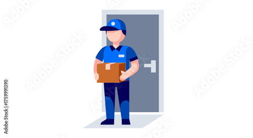 Courier Delivering Parcel Standing Near Entrance Door, Illustration Isolated in Black Background
