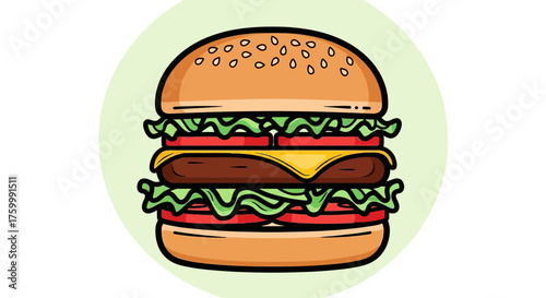 Deliciously Crafted Burger Illustration with Fresh Ingredients inside Perfect For Menu