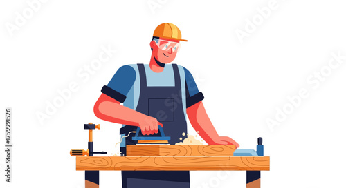 Craftsman Using Planer Tool for Woodworking on Workbench under Safety Gear Protection