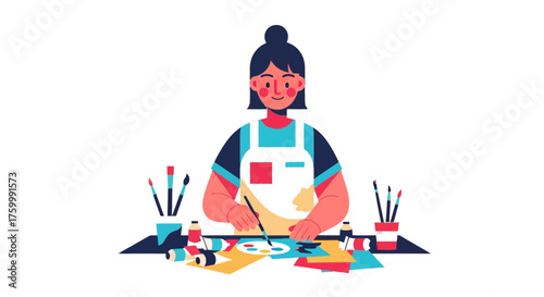 Creative Artist Working On Painting, Flat Illustration On Black Background