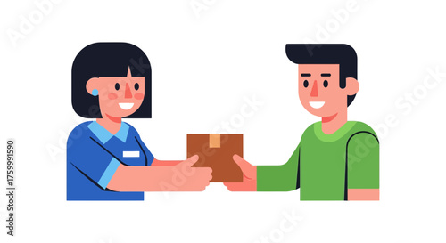 Delivery Girl Handing Package To Young Man, Cartoon Vector Illustration On Dark Background