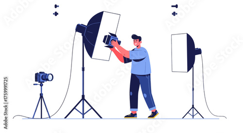 Creative Studio Technician Illuminates Scene With Camera Lighting Equipment, Night Photography
