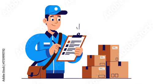 Delivery Worker Reviewing Checklist Beside Stacked Packages On Black Background