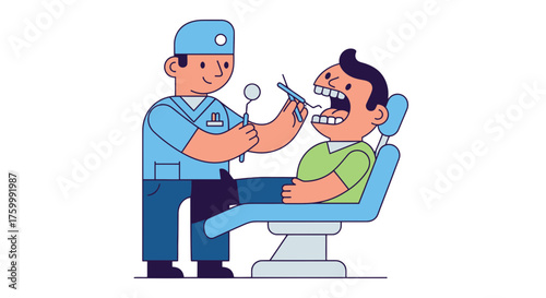 Dentist Performing Dental Checkup On A Patient In A Simple And Modern Flat Style
