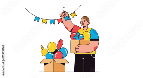 Decorating Balloons With Flags to Celebrate: Joyful Party Preparation Illustration