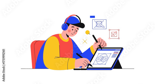 Digital Artist Using Tablet to Create Contemporary Artwork Against a Black Background