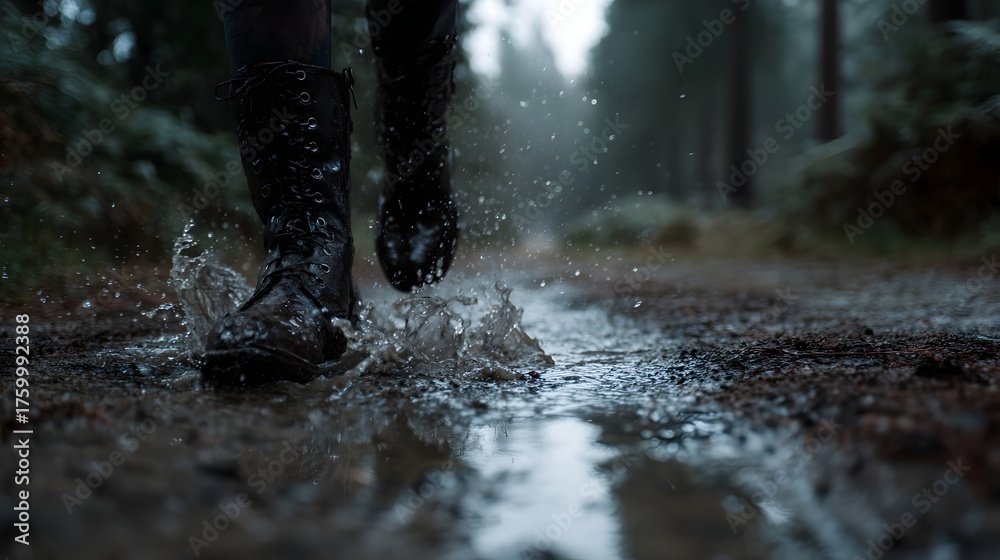 Fototapeta premium Close up of dark sturdy leather boots splashing water through a muddy puddle on a wet forest path on a rainy atmospheric day