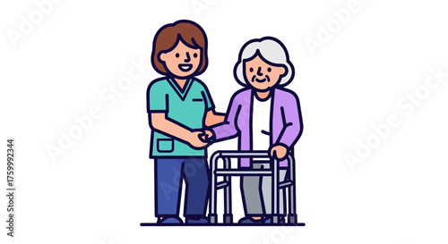 Elderly Woman Receives Assistance While Using Walker Assisted By Caregiver Cartoon Illustration