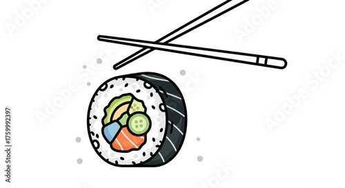 Delicious Sushi Roll Illustration With Chopsticks On Sleek Black Background Design