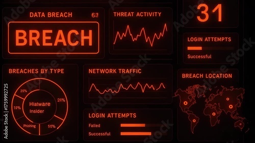An informative cybersecurity dashboard displaying data breaches, threat activity, and login attempts in a sleek red interface.