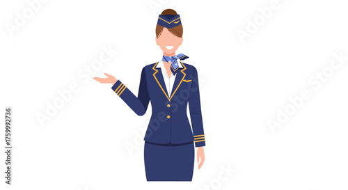 Elegant Flight Attendant Inviting Travelers With A Welcoming Gesture And Friendly Demeanor