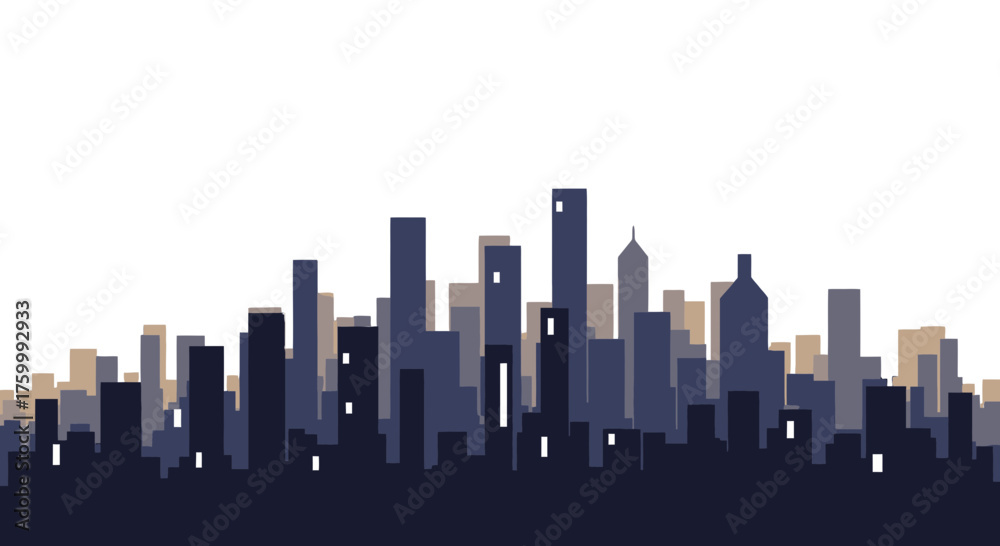 Fototapeta premium Evening Cityscape Depiction of Silhouetted Buildings and Windows Against a Dark Background