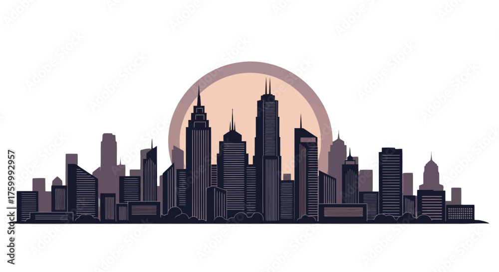 Fototapeta premium Evening Silhouette: A Detailed Cityscape Under An Illuminated Circular Backdrop