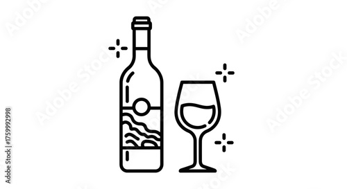 Elegant Vector Illustration of Wine Bottle and Glass with Minimalist Design and Sparkle