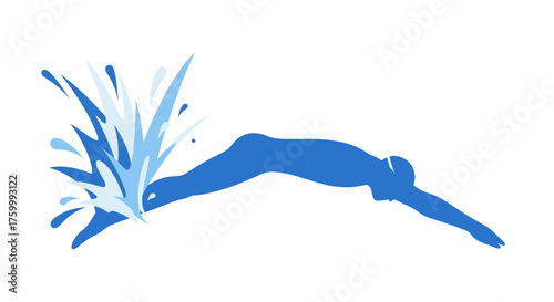 Drawn Diver Plunging Into Water With Splashes, Blue Silhouette Over Black Background